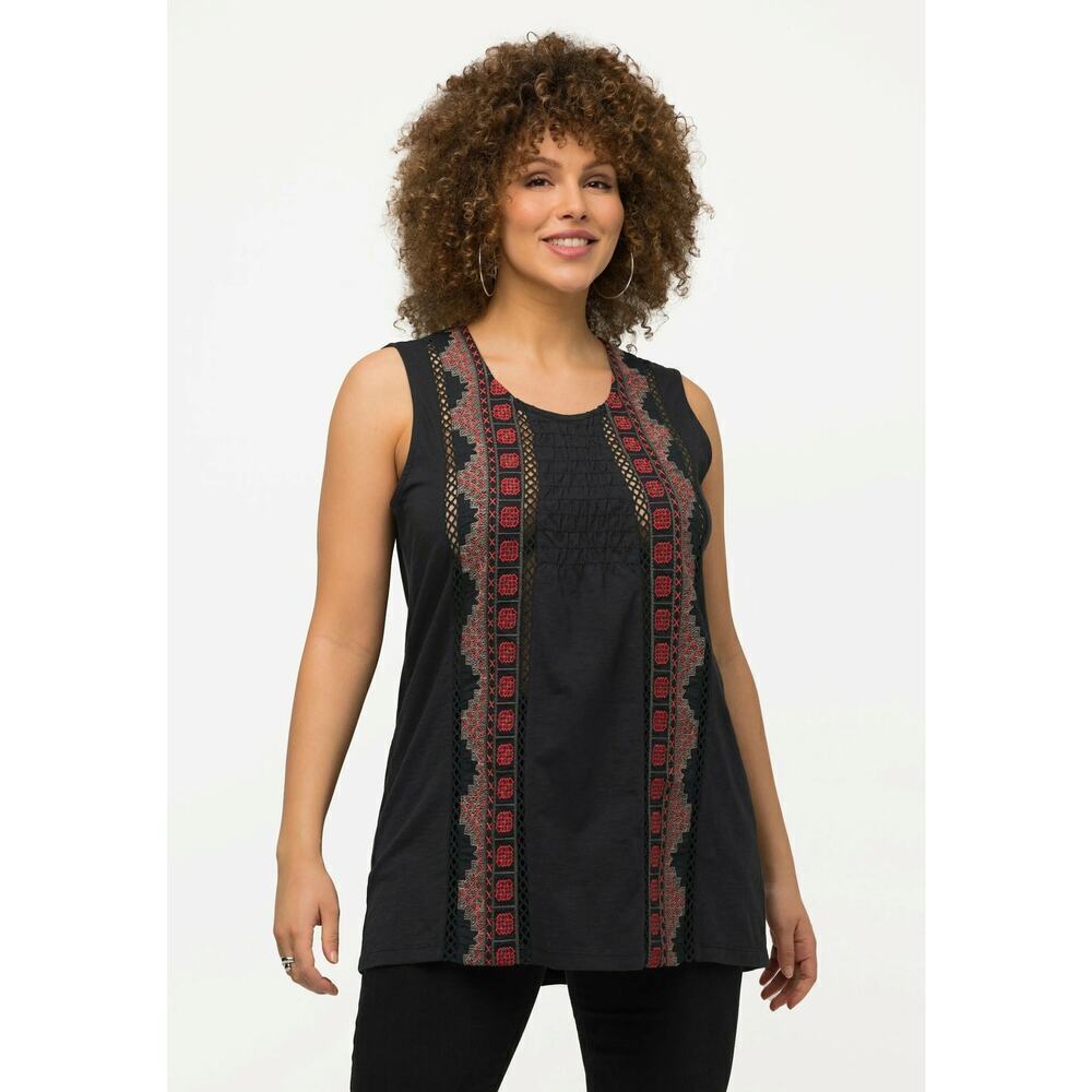 ULLA POPKEN Aztec Embroidered Knit Tank Top Black 20/22 Tribal Sleeveless 2X